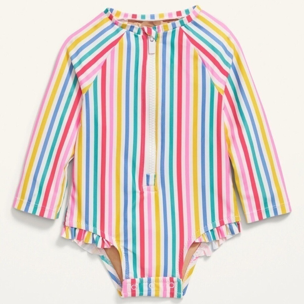 long sleeve rainbow multi color stripe swim suit rash guard 12/18m